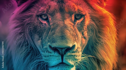 Rainbow coloured lions face photo