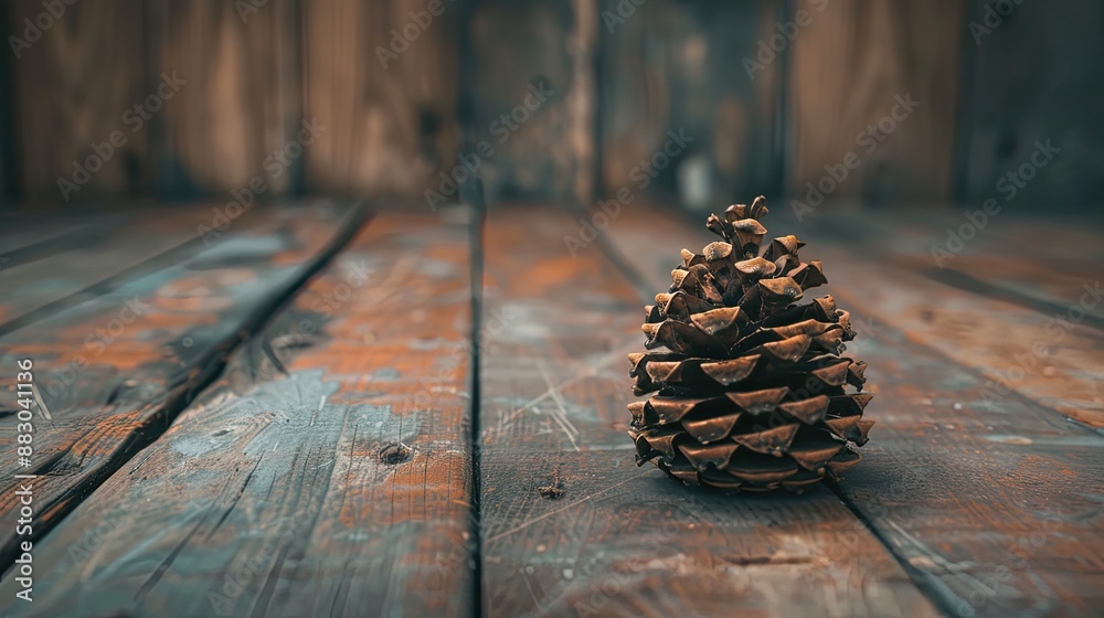 A brown pinecone on wooden table with copy space Single object A brown pinecone on wooden table with copy space Single object