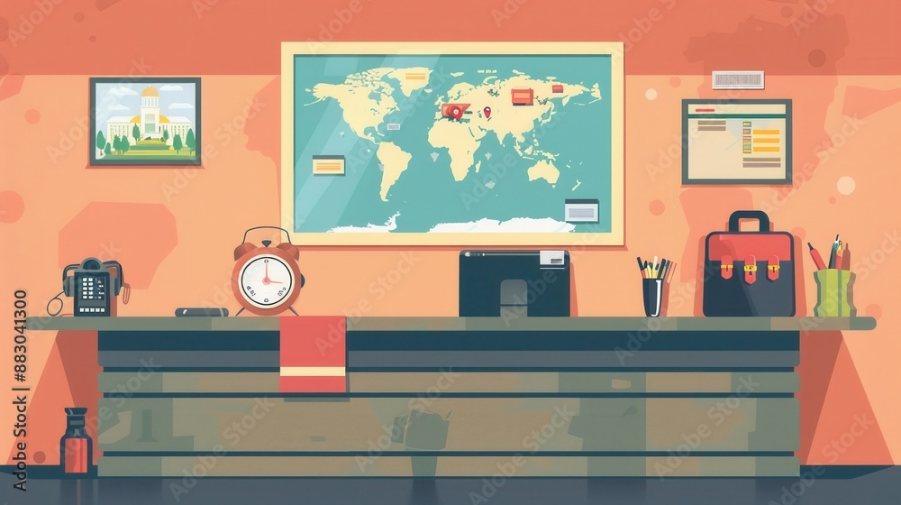 Travel adapter loan, front desk service, flat design illustration Travel adapter loan, front desk service, flat design illustration
