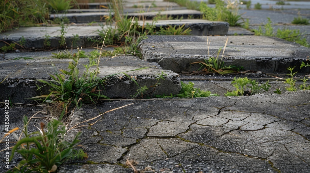 Naklejka premium old concrete slabs of which the road was made in the park through the sutures the grass grew a closeup of the old collapsing infrastructure