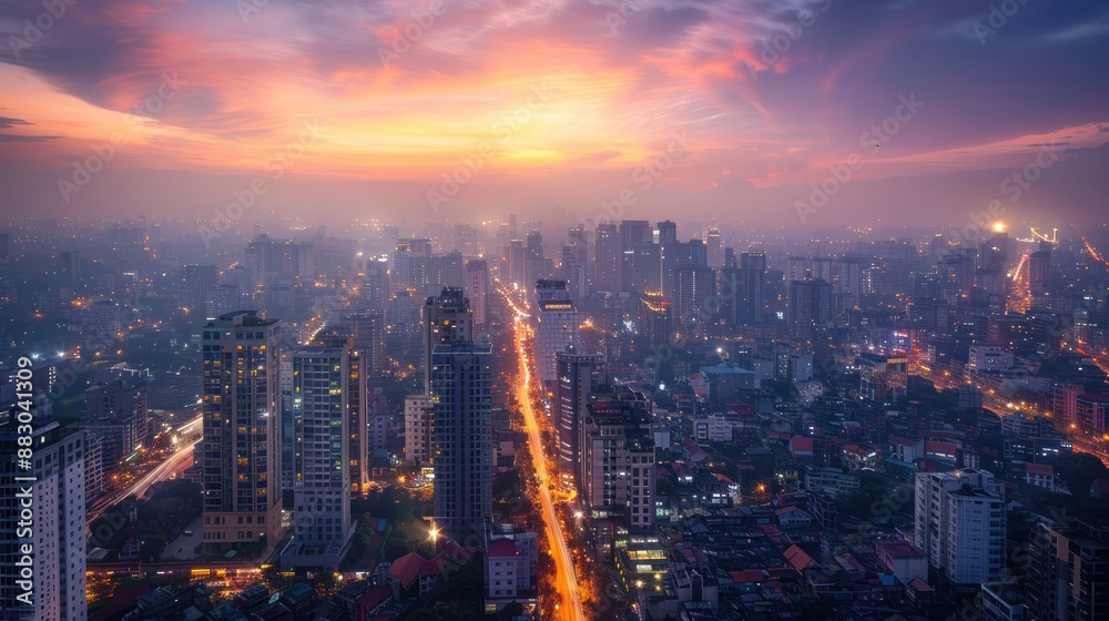 Fototapeta premium A breathtaking top view of a sprawling urban cityscape during the evening. The skyline is dotted with tall buildings, their windows aglow with lights. The streets below are alive with the movement of