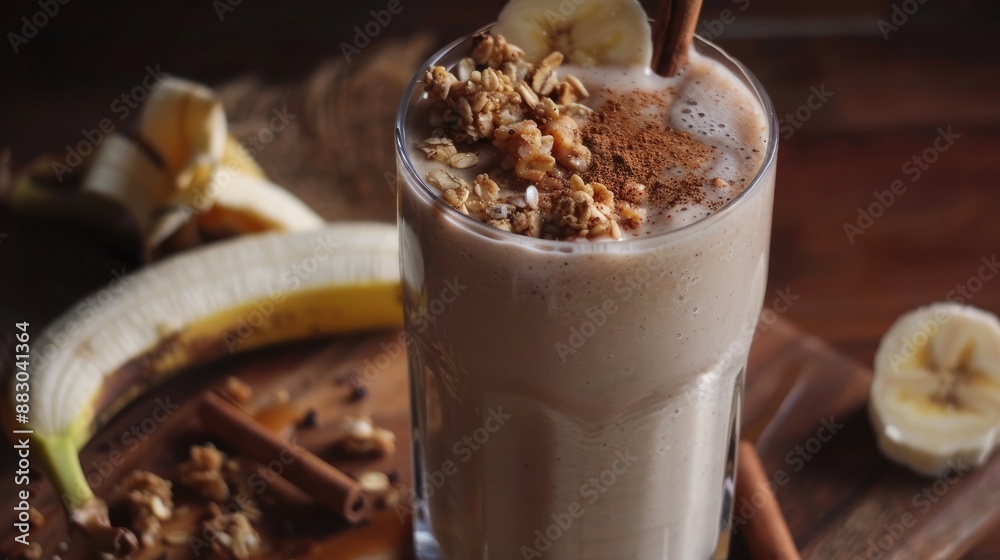 Banana smoothie with peanut butter cinnamon and granola for healthy breakfast Banana smoothie with peanut butter cinnamon and granola for healthy breakfast