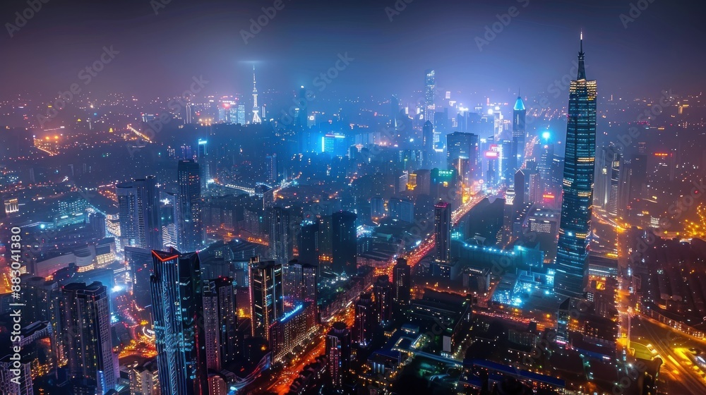 Fototapeta premium An impressive top view of a city's skyline at night. The urban landscape is illuminated by countless lights from buildings, streets, and vehicles. The skyscrapers stand tall against the dark sky,