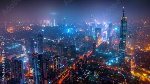 An impressive top view of a city's skyline at night. The urban landscape is illuminated by countless lights from buildings, streets, and vehicles. The skyscrapers stand tall against the dark sky,