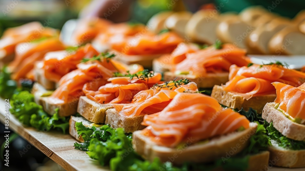 Smoked Salmon sandwiches Finger Food Brunch Buffet A delectable spread of tasty finger food from smoked salmon sandwiches to wheat bread and sandwich quarters with chicken fillet and lettuce Smoked Salmon sandwiches Finger Food Brunch Buffet A delectable spread of tasty finger food from smoked salmon sandwiches to wheat bread and sandwich quarters with chicken fillet and lettuce