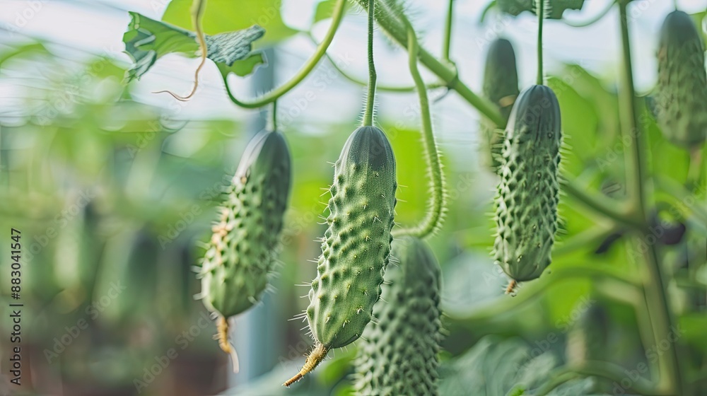 Growth and maturation of green greenhouse prickly climbing cucumbers hanging on a branch Close up selective focus Growth and maturation of green greenhouse prickly climbing cucumbers hanging on a branch Close up selective focus