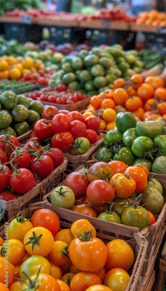 Vibrant Display of Fresh Tomatoes and Vegetables at a Lively Farmers Market - Perfect for Posters and Prints Vibrant Display of Fresh Tomatoes and Vegetables at a Lively Farmers Market - Perfect for Posters and Prints