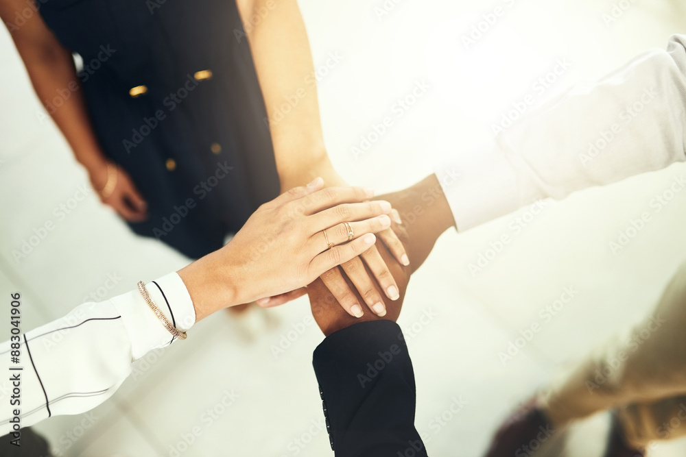 Business people, unity and stack of hands in office for diversity, support and collaboration. Connection, solidarity and employees with goal, team building or celebration in workplace from above. Business people, unity and stack of hands in office for diversity, support and collaboration. Connection, solidarity and employees with goal, team building or celebration in workplace from above.