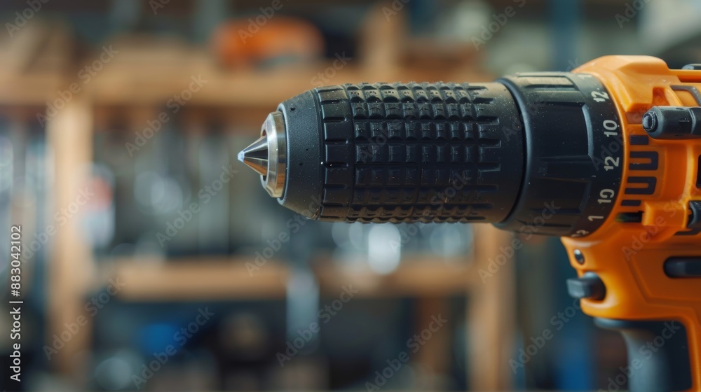Close-Up of Electric Drill Handle with Textured Grip in a Workshop Setting for Construction Themes Close-Up of Electric Drill Handle with Textured Grip in a Workshop Setting for Construction Themes