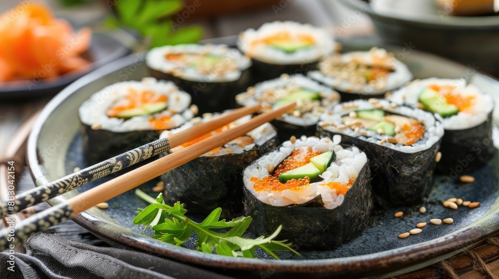 Sushi homemade cooked on round plate with chopsticks soy sauce ginger and fresh vegetables Sushi homemade cooked on round plate with chopsticks soy sauce ginger and fresh vegetables