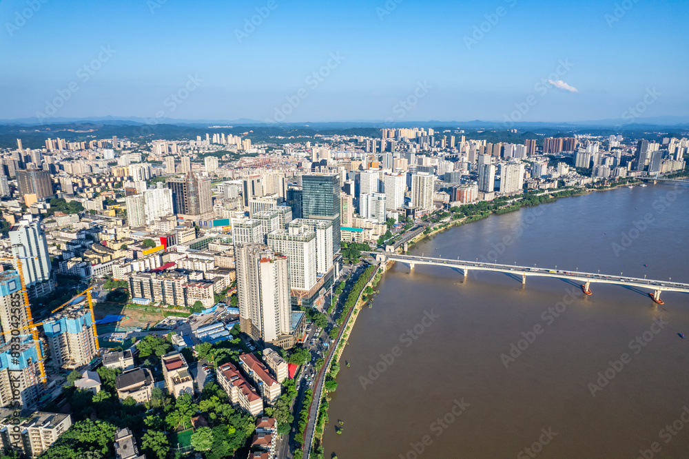 Fototapeta premium Aerial photography of the east bank of the Xiangjiang River in Zhuzhou, China