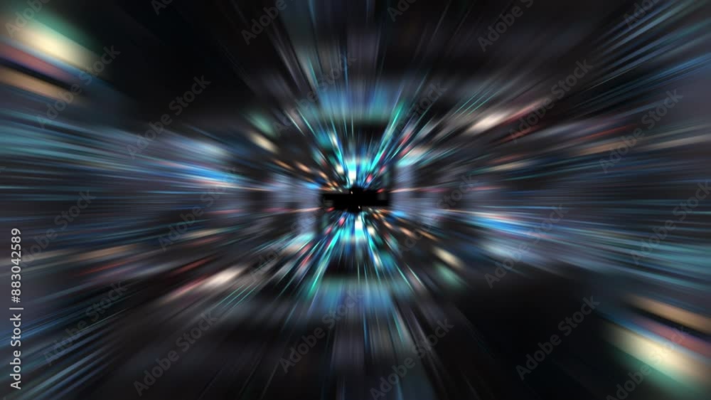 Abstract loop colorful light radial shine ray speed radial zoom for technology and communication vj background. Speed of colorful light, neon glowing rays in motion. 
