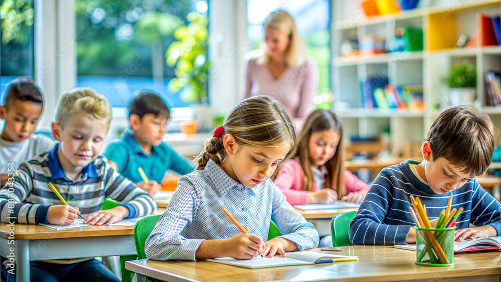 young students writing in classroom with teacher in background, educational concept, international literacy day, teacher's day young students writing in classroom with teacher in background, educational concept, international literacy day, teacher's day