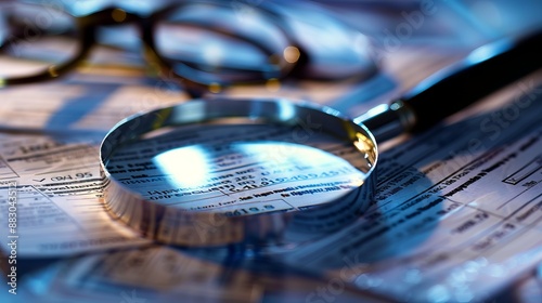 A close-up shot of a magnifying glass focusing on text in a document, with eyeglasses in the background, symbolizing investigation, detail, and focus.