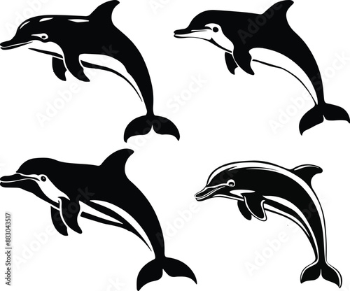  A vector silhouette single line art of a set of Dolphin