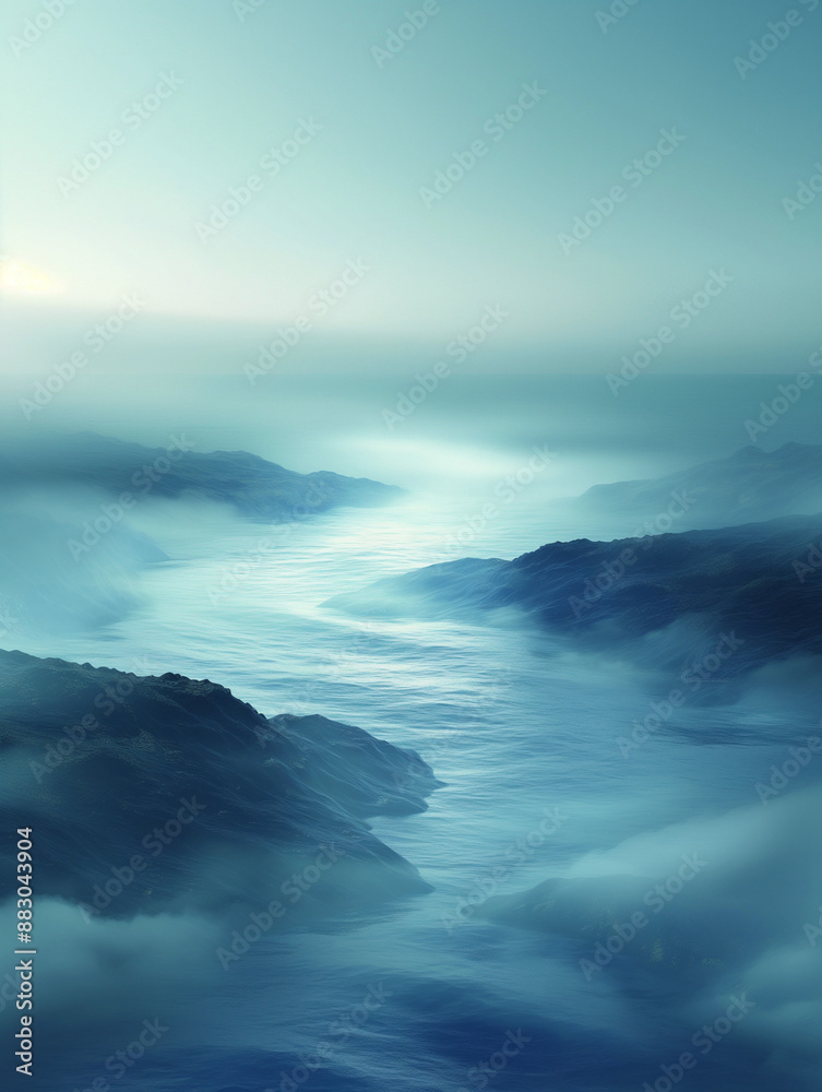 Naklejka premium Serene misty landscape with winding river at dawn.