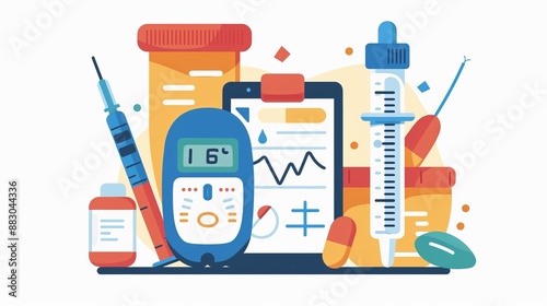 An illustration featuring essential medical tools and medications used in managing diabetes. It includes a glucometer, syringes, and prescription bottles, symbolizing healthcare and wellness.