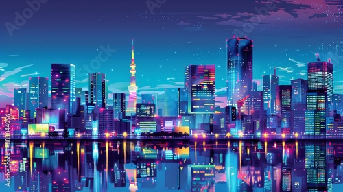 A vibrant neon cityscape reflecting flawlessly in the tranquil water, showcasing modern architecture, towering skyscrapers, and the mesmerizing beauty of city lights at night. photo