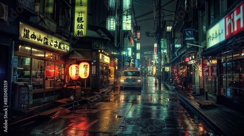 A moody depiction of a quiet, narrow city alley at night, adorned with vibrant neon signs, creating an atmospheric and evocative scene that encapsulates urban serenity and intrigue.