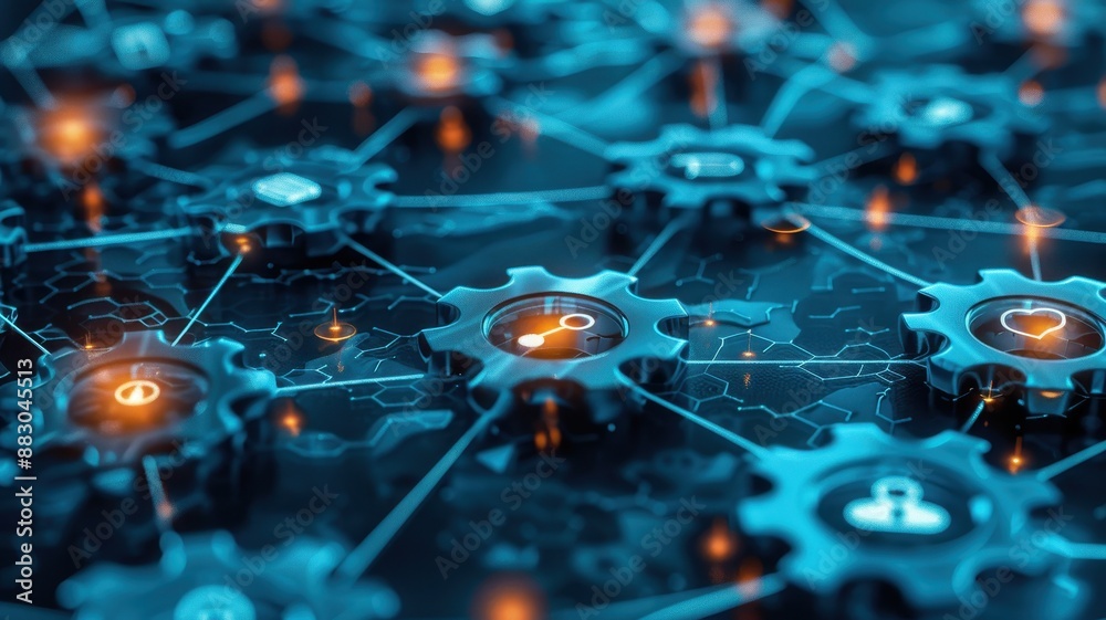 Close-up of interconnected gears and icons, representing technology, innovation, and digital connectivity in a network.