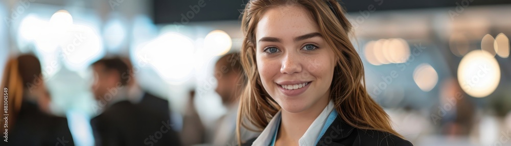 Obraz premium Confident businesswoman in professional setting, smiling and ready for success with colleagues in background during a corporate event.