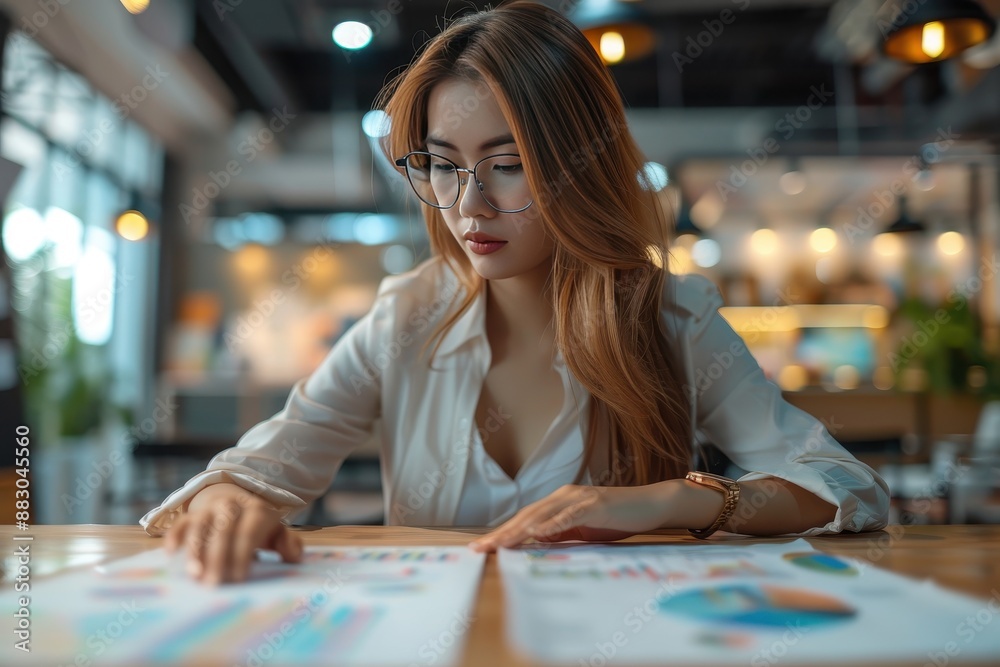 Fototapeta premium Focused businesswoman analyzing financial documents in a modern office environment with charts and graphs on the table.