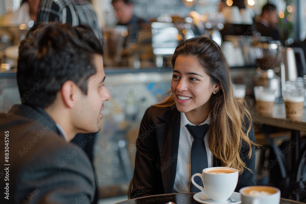 Two professionals having a friendly conversation over coffee in a cozy cafe, fostering connections and building relationships. Two professionals having a friendly conversation over coffee in a cozy cafe, fostering connections and building relationships.