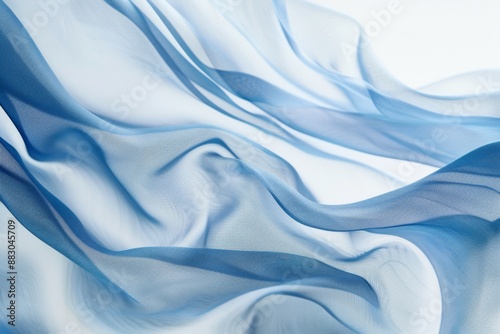Abstract background wallpaper, close-up of blue fabric, smooth and flowing in the wind, against a white background. The focus is on capturing the texture and softness of the material. curves folds