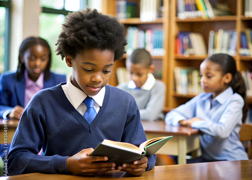 Afro-American boy reading book in school library, educational concept, international literacy day, teacher's day
Afro-American boy reading book in school library, educational concept, international literacy day, teacher's day