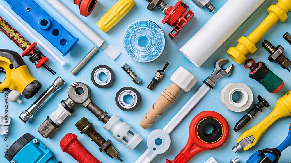 A well-organized flat lay of plumbing tools including a pipe bender Teflon tape and various pipe fittings and valves Stock Photo with copy space A well-organized flat lay of plumbing tools including a pipe bender Teflon tape and various pipe fittings and valves Stock Photo with copy space