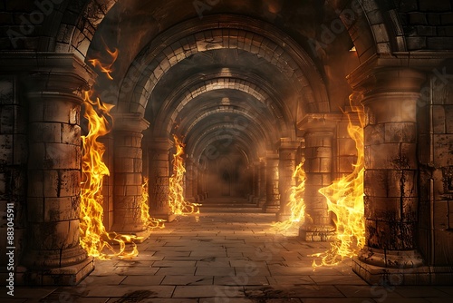 Ancient classic architecture stone arches with flames © MdRazib