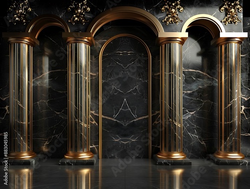 Arches in a black marble wall and columns with golden decor in a dark room