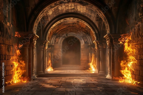 Ancient classic architecture stone arches with flames