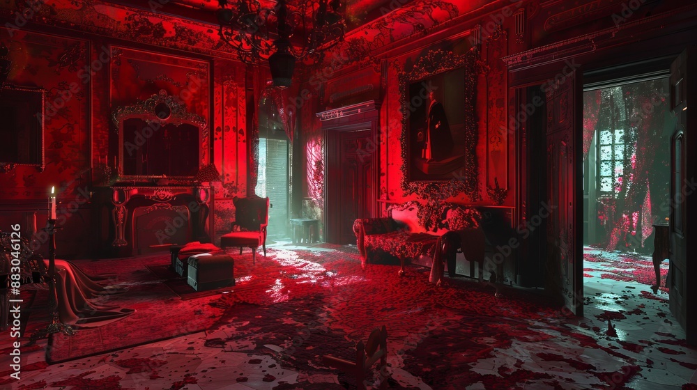 A luxurious red-themed living room with an ornate chandelier, antique furniture, and detailed wall decor bathed in red light, evoking a sense of opulence and mystery. A luxurious red-themed living room with an ornate chandelier, antique furniture, and detailed wall decor bathed in red light, evoking a sense of opulence and mystery.
