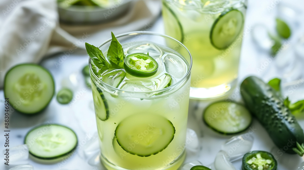Close-up to a glass of Cucumber and Jalapeño Margarita with spicy chilli and refreshing cucumber with ice Close-up to a glass of Cucumber and Jalapeño Margarita with spicy chilli and refreshing cucumber with ice