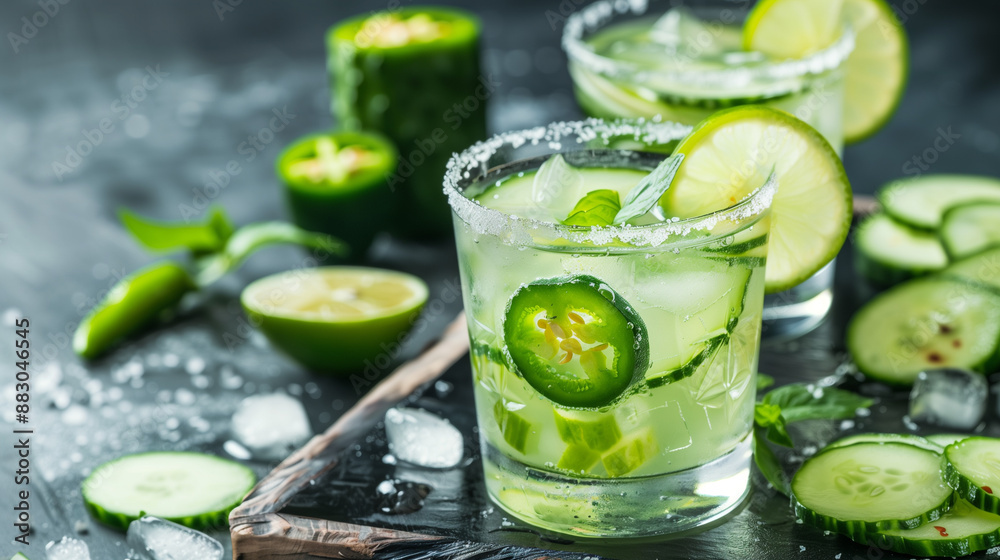 Close-up to a glass of Cucumber and Jalapeño Margarita with spicy chilli and refreshing cucumber with ice Close-up to a glass of Cucumber and Jalapeño Margarita with spicy chilli and refreshing cucumber with ice