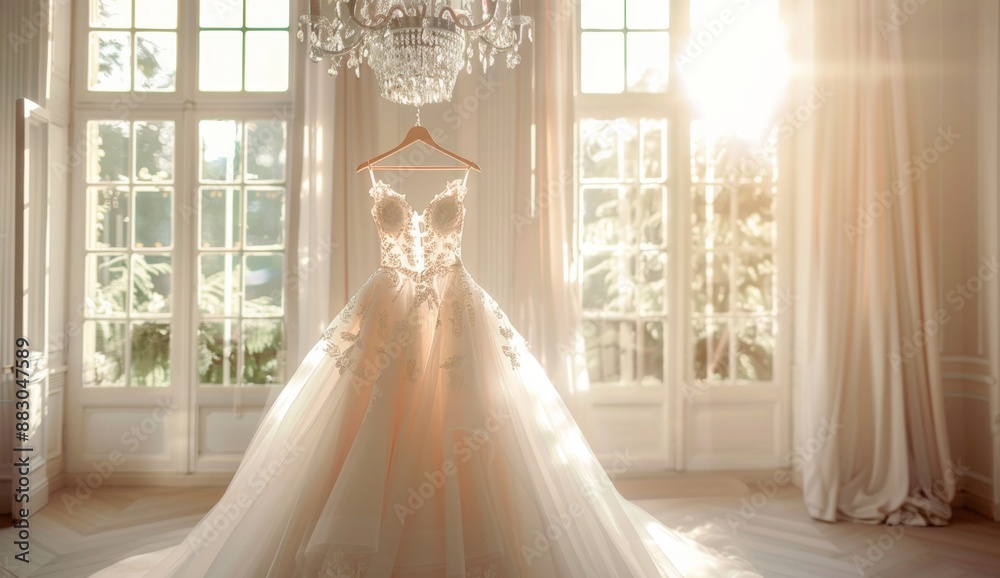 A beautiful wedding dress is displayed in the center of an empty room, bathed in soft light from large windows. A beautiful wedding dress is displayed in the center of an empty room, bathed in soft light from large windows.