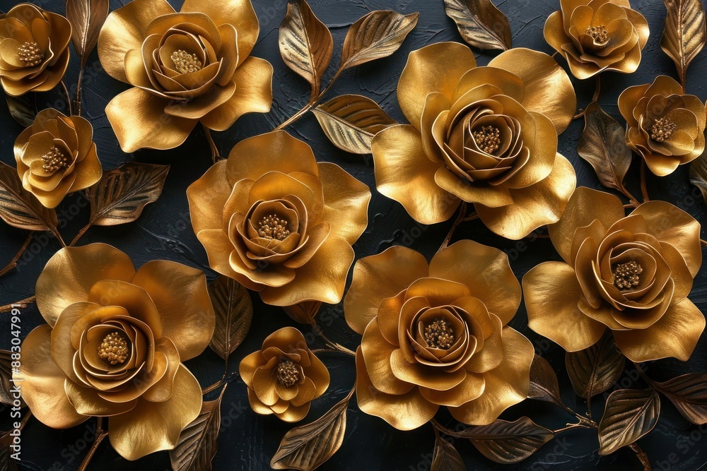 Golden Roses on Black: Elegant Floral Wall Art with Luxurious Blooms Golden Roses on Black: Elegant Floral Wall Art with Luxurious Blooms