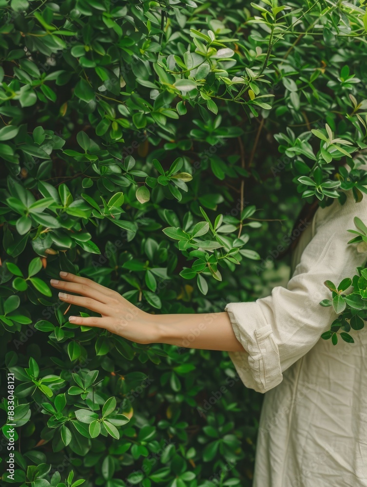 A person standing near a plant with green foliage, great for outdoor or nature themed projects A person standing near a plant with green foliage, great for outdoor or nature themed projects