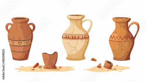 Four Old Broken Pottery Buried in Sand Antique 