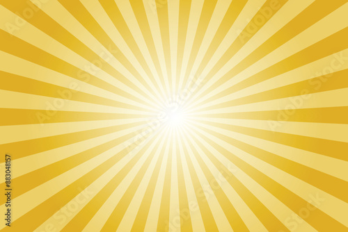 Yellow background with white sun ray. Pattern of starburst. Abstract deadly yellow texture with light of sunburst. Radial beam of sunlight. Retro background with flash. Design of sunbeams.