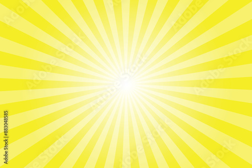 Yellow background with white sun ray. Pattern of starburst. Abstract delayed yellow texture with light of sunburst. Radial beam of sunlight. Retro background with flash. Design of sunbeams.