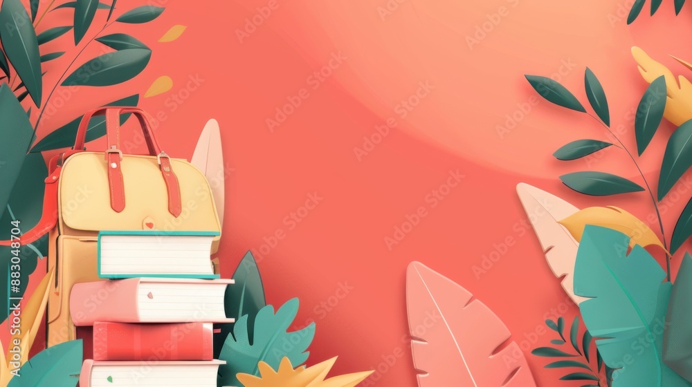 Back to school. Horizontal banner, flat illustration. School backpack and books on pink background Template. Start of the school year. Day of knowledge. Free space for text