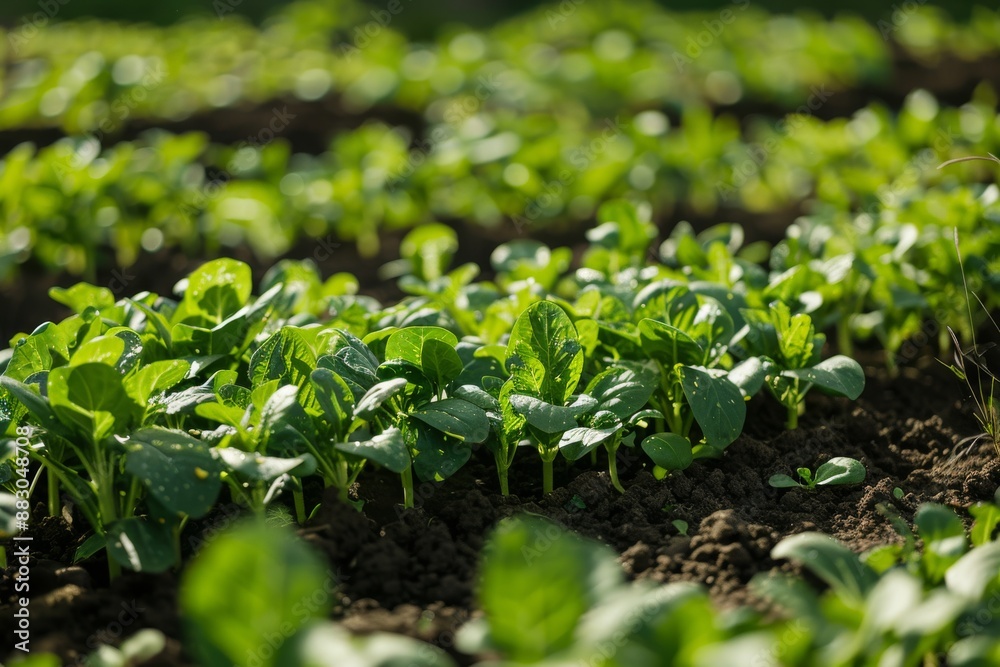 A close-up view of a family farm's field, showing rows of freshly planted crops in the fertile soil A close-up view of a family farm's field, showing rows of freshly planted crops in the fertile soil