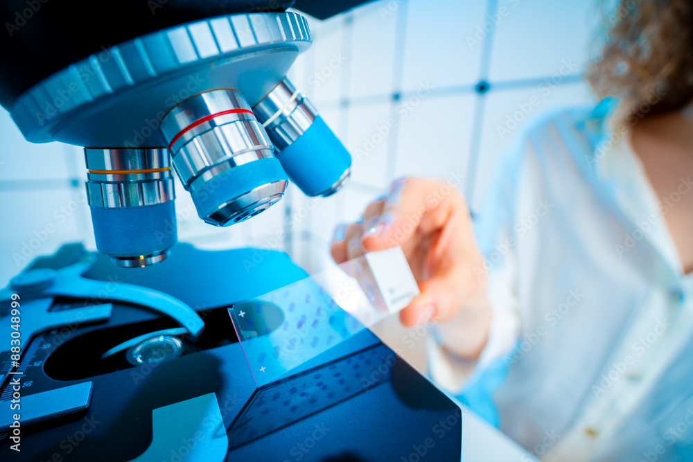 slide with biopsy slice in medical laboratory slide with biopsy slice in medical laboratory