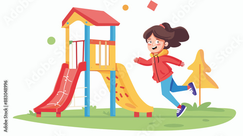 Little Cheerful Girl Running on Playground. Child Character