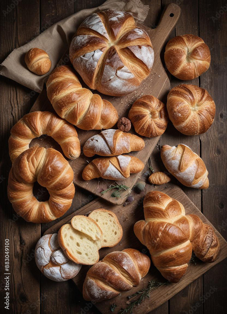 The image shows an assortment of freshly baked breads and pastries arranged on a wooden surface. The image shows an assortment of freshly baked breads and pastries arranged on a wooden surface.