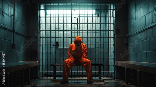 A male prisoner, dressed in an orange jumpsuit, sits alone in an empty, dimly-lit prison cell, representing isolation, punishment, and contemplation.
