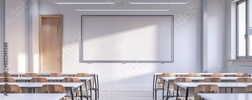Modern classroom interior, whiteboard with empty space, education, futuristic