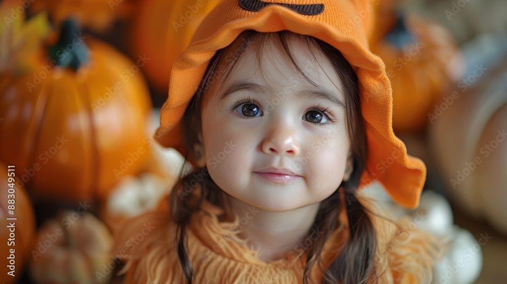 Cute little girl in a pumpkin Halloween costume, posing happily for a seasonal photo. Cute little girl in a pumpkin Halloween costume, posing happily for a seasonal photo.